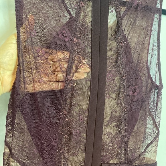 BCBG MaxAzria | Whitley Mesh & Lace burgundy merlot coloured peplum dress sz 8 - Picture 6 of 6